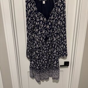 Old Navy Midi A-line Dress Women's Navy Blue Floral Empire Boho Long Sleeve